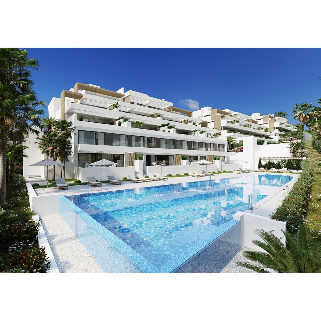Apartments with large gardens and duplex penthouses with dream terraces in Estepona